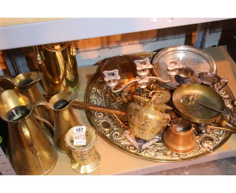 Shelf of mixed metalware including plated candelabra. Not available for in-house P&amp;P, contact Paul O'Hea at Mailboxes on 