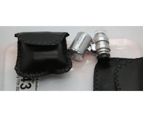 Three 60x jewellery/currency detecting loupes with LED light and leatherette pouch. P&amp;P Group 1 (£14+VAT for the first lo
