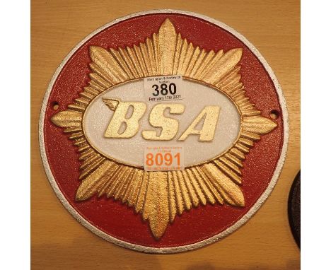 Cast iron BSA sign, D: 25 cm. P&amp;P Group 1 (£14+VAT for the first lot and £1+VAT for subsequent lots) 