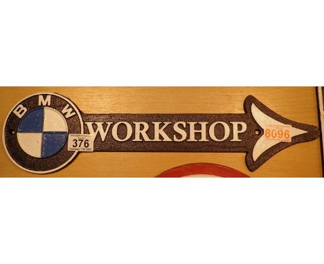 Cast iron BMW workshop directional sign, 46 x 13 cm. P&amp;P Group 1 (£14+VAT for the first lot and £1+VAT for subsequent lot