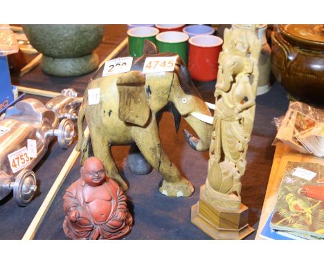 Large carved teak African elephant wooden Ganesh figurine and a resin Buddha. P&amp;P Group 2 (£18+VAT for the first lot and 