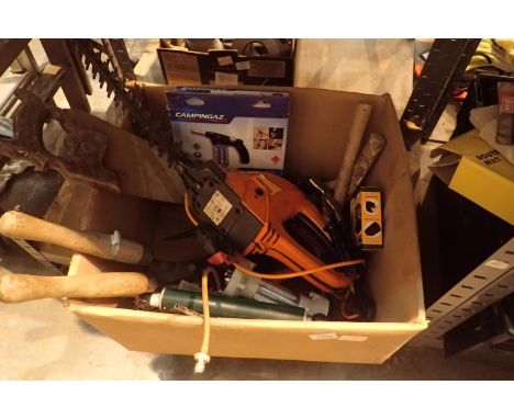 Box of mixed tools including Flymo hedge trimmer. Not available for in-house P&amp;P, contact Paul O'Hea at Mailboxes on 0192