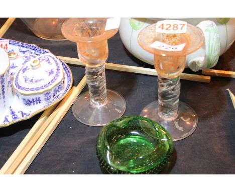 Will Shakespeare pair of signed art glass candlesticks, signed SHAKS and dated '93 to the base, H: 17 cm, and a green Whitefr