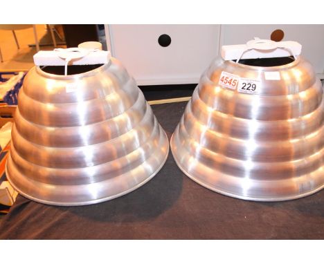 Two industrial style alluminium lamp shades with freestanding ring fittings, D: 36 cm. Not available for in-house P&amp;P, co