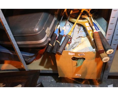 Shelf of mixed items including Masonic items, tennis, badminton rackets and suitcases. Not available for in-house P&amp;P, co