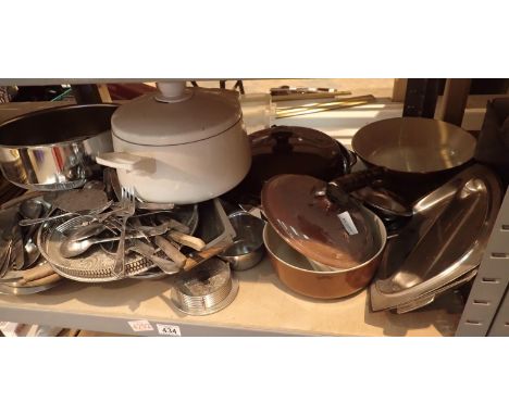 Shelf of stainless steel and other cookware. Not available for in-house P&amp;P, contact Paul O'Hea at Mailboxes on 01925 659