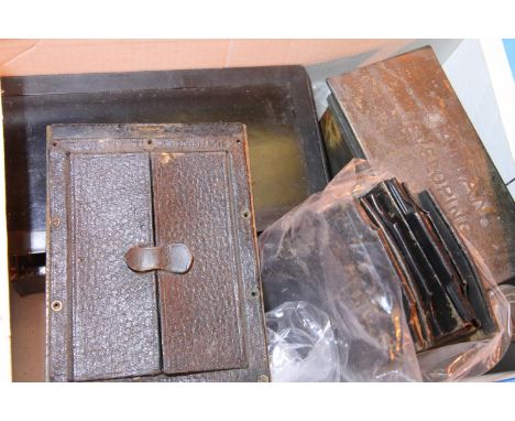Box of antique photographic development items including plate holders. P&amp;P Group 2 (£18+VAT for the first lot and £3+VAT 