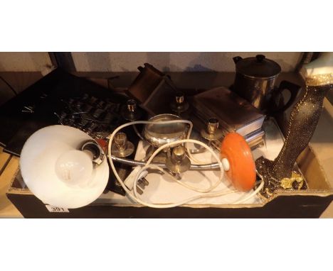 Shelf of mixed items including candelabra and anglepoise lamp. Not available for in-house P&P, contact Paul O'Hea at Mailboxe