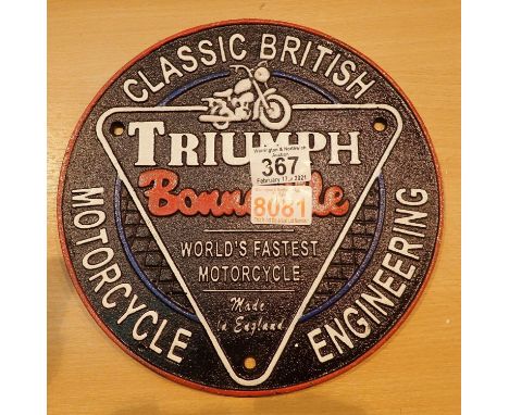 Cast iron Triumph Bonneville sign, D: 24 cm. P&amp;P Group 1 (£14+VAT for the first lot and £1+VAT for subsequent lots) 