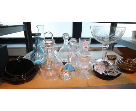 Shelf of mixed glass including decanters and decanter top. Not available for in-house P&amp;P, contact Paul O'Hea at Mailboxe