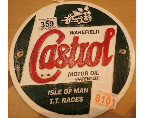 Cast iron Castrol Wakefield sign, D: 25 cm. P&amp;P Group 1 (£14+VAT for the first lot and £1+VAT for subsequent lots) 