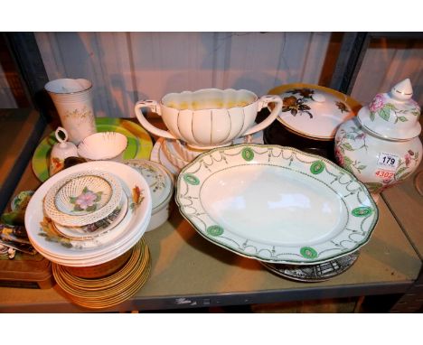 Shelf of mixed ceramics including an early decorative large Royal Doulton plate. Not available for in-house P&amp;P, contact 