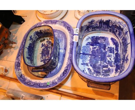 Selection of blue and white ceramics including large ceramic meat dish. Not available for in-house P&amp;P, contact Paul O'He