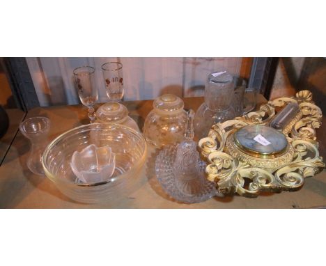 Shelf of mixed glass including a pair of vintage shades. Not available for in-house P&amp;P, contact Paul O'Hea at Mailboxes 