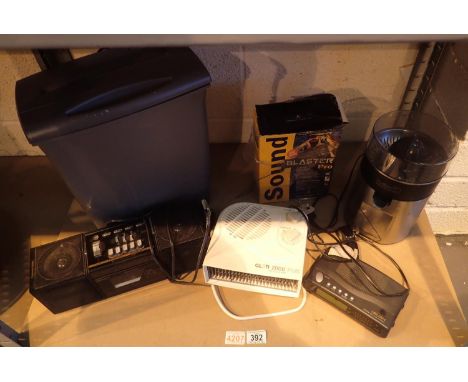 Shelf of mixed electrical items including radio's. Not available for in-house P&P, contact Paul O'Hea at Mailboxes on 01925 6