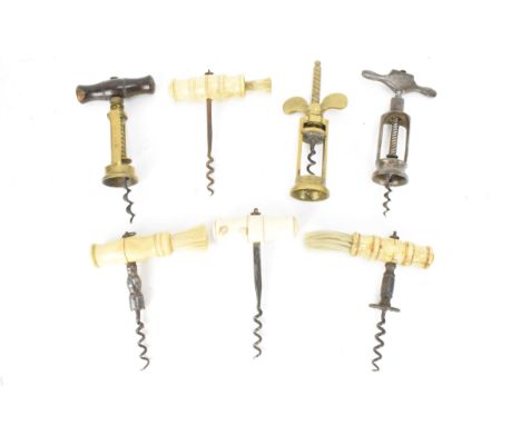 Helixophilia - Seven various corkscrews to include a 19th century brass Coney &amp; Co patent mechanical corkscrew, The King,
