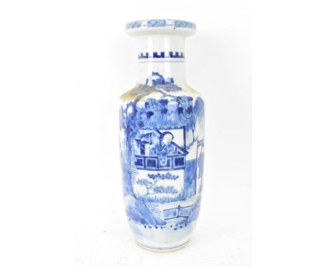 A Chinese late Qing dynasty blue and white rouleau vase, late 19th/early 20th century, decorated with a continuous landscape 