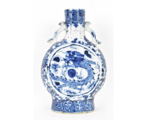 A Chinese blue and white moon flask, late Qing Dynasty, the central panels either side depicting dragons among clouds, with a