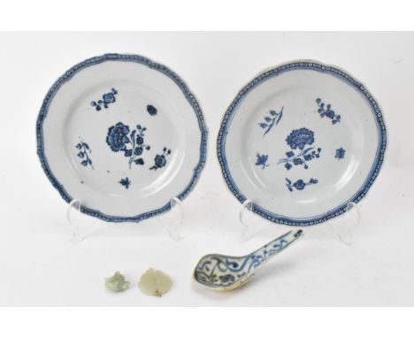 A pair of Chinese 18th century Qianlong blue and white plates 16cm diameter, together with a blue and white Ming dynasty spoo
