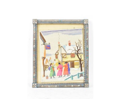 A Russian silver early 20th century champleve enamel photograph frame, inset with a tapestry and bordered by turquoise colour