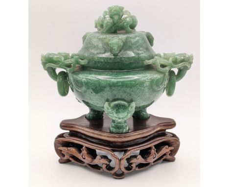 A 20th century Chinese jade censor, the lid decorated with a coiled dragon and handles with dragon heads with ring handles, r