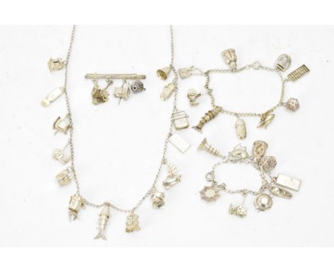 Chinese silver jewellery to include a necklace, two charm bracelets and a bar brooch, all with various charms to include a fi