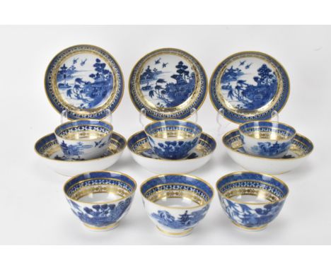 A set of Six Chinese late 18th century, blue and white export porcelain tea bowls and six saucers, decorated with buildings, 