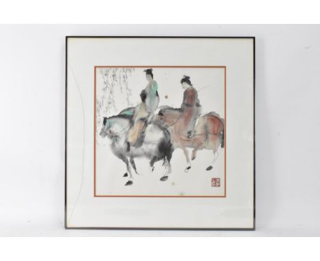 Attributed to Peng Xiancheng (Chinese, Born 1941) - A watercolour and ink depicting two figures on horseback, red seal mark t