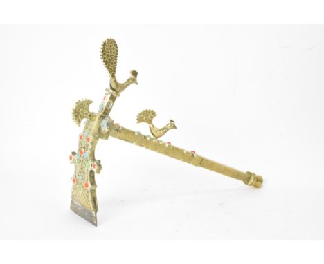 A 19th century Indo-Persian Qajar bronze sugar cane axe, elaborately engraved with inset jade, turquoise and coral rounded st