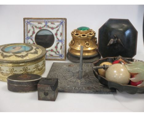 A lead lion mask, a silver & enamel compact, a gilt metal inkwell, ivory snooker balls etc.  