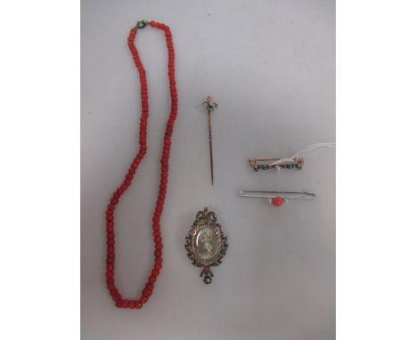 A small collection of jewellery - a seed pearl set brooch with miniature painting of a child on a swing; a diamond, pearl and