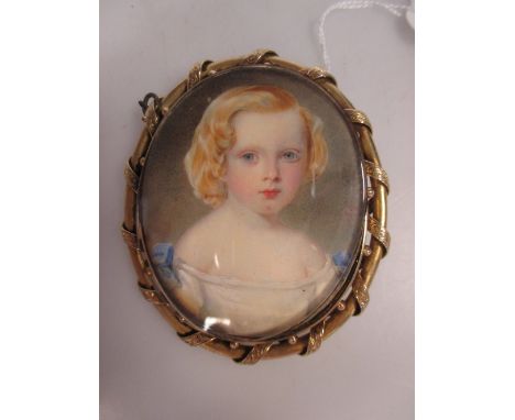 William Egley, British 1826-1916, an oval portrait miniature of a young girl with blonde hair, wearing a white dress with blu