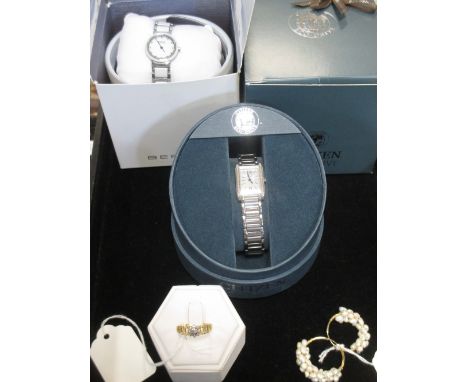 An 18ct and diamond ring, size Q-R and a pair of pearl cluster earhoops, together wtih a lady's Citizen Eco-Drive stainless s