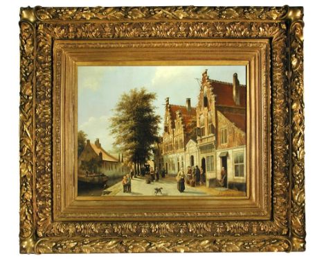 After Adrianus Eversen (Dutch, 1818-1897) A view in a town beside a canal with conversing figures, a dog and a carriage signe