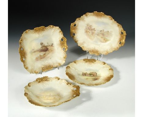A Royal Worcester Hadley's dessert service, each piece painted with titled scenes, within scrolling acanthus borders highligh