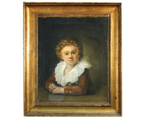 M *** Daviot (French, 18th Century) Portrait of a young boy half-length, holding a ball, leaning upon a parapet signed and da