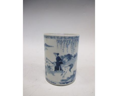 A Chinese blue and white brush pot, Kangxi style but later  