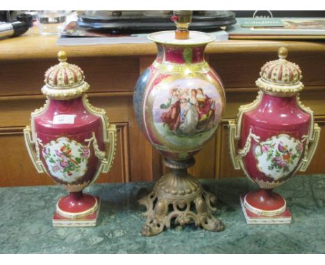 A Vienna style porcelain lamp base, a pair of 'Chelsea' type porcelain vases. Height of 41cm, and the pair 33cm.  