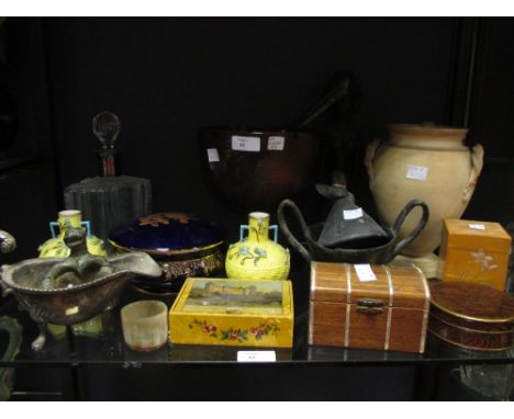 A Continental mounted decanter with stopper, various ornaments, boxes, etc  
