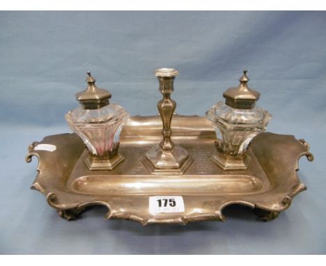 A fine quality Victorian hallmarked silver inkstand with two inkwells and tapper stick Edward &amp; John Barnard London 1860 