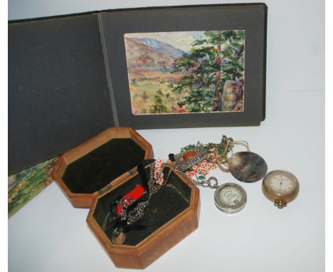 A box of miscellaneous including Watkins Bee Meter, pocket barometer, costume jewellery and an album of various watercolours 