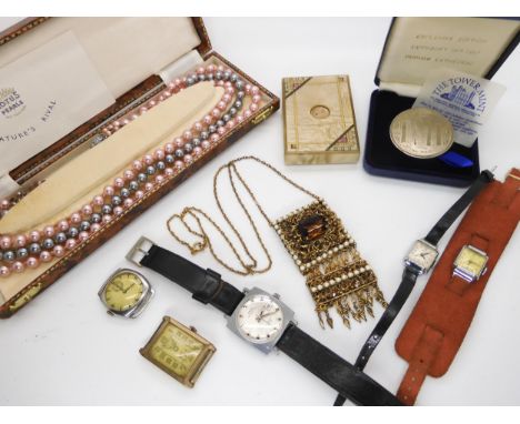 A collection of vintage watches to include an Oris gents watch, a St Cuthbert medallion, and costume jewellery Condition Repo