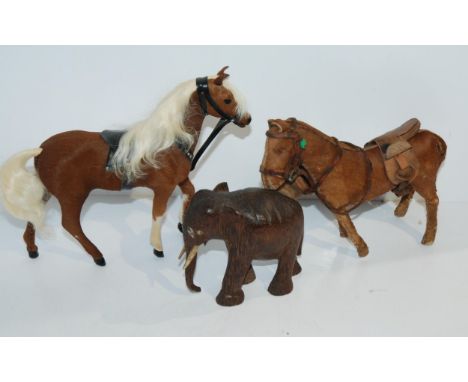 An Edith Reynolds hand-made real skin horse, box of various soft toys, including Steiff dog, 17cm high. modern doll, carved a