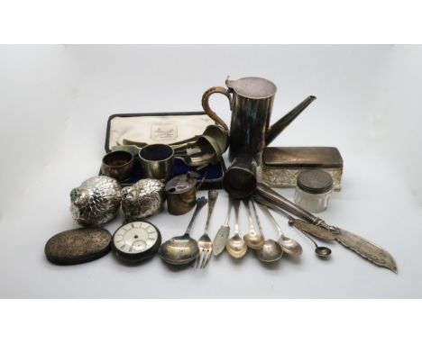 Assorted silverware including napkin rings, flatware, forks, a chinese silver tumbler cup, a mustard pot with glass liner, cu