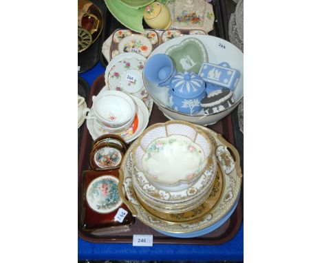 A Royal Doulton figure (def), Wedgwood jasperware, Noritake dessert set and other items Condition Report:Not available for th