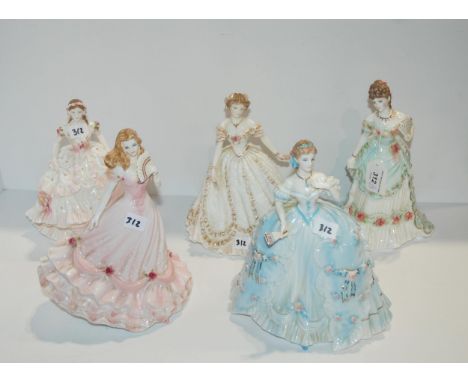 Five Royal Worcester figures including Royal Debut, Sweetest Valentine, A Royal Anniversary, May Ball and The First Quadrille
