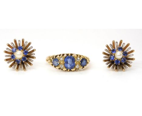 A pair of 9ct gold sapphire and pearl retro earrings hallmarked Birmingham 1957, by Cropp &amp; Farr, together with a 9ct hal