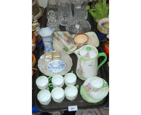 A Royal Albert Foxglove pattern coffee set, a Japanese porcelain teabowl and saucer painted with fo dogs, mother of pearl pla