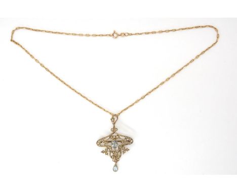 A 9ct gold aquamarine and pearl Edwardian pendant and 9ct fancy chain, length 42cm, weight 8gms Condition Report:Available up