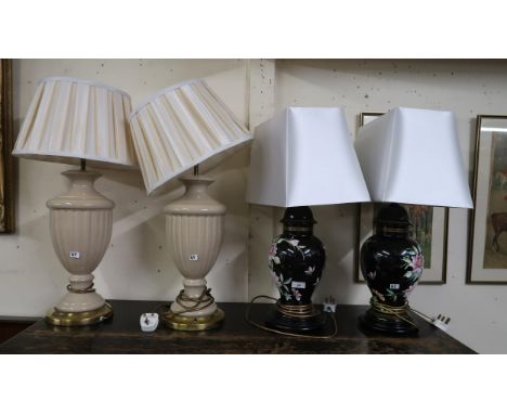 A pair of cream ceramic table lamps formerly of the Cameron House Hotel and another pair of floral ceramic table lamps (4) Co